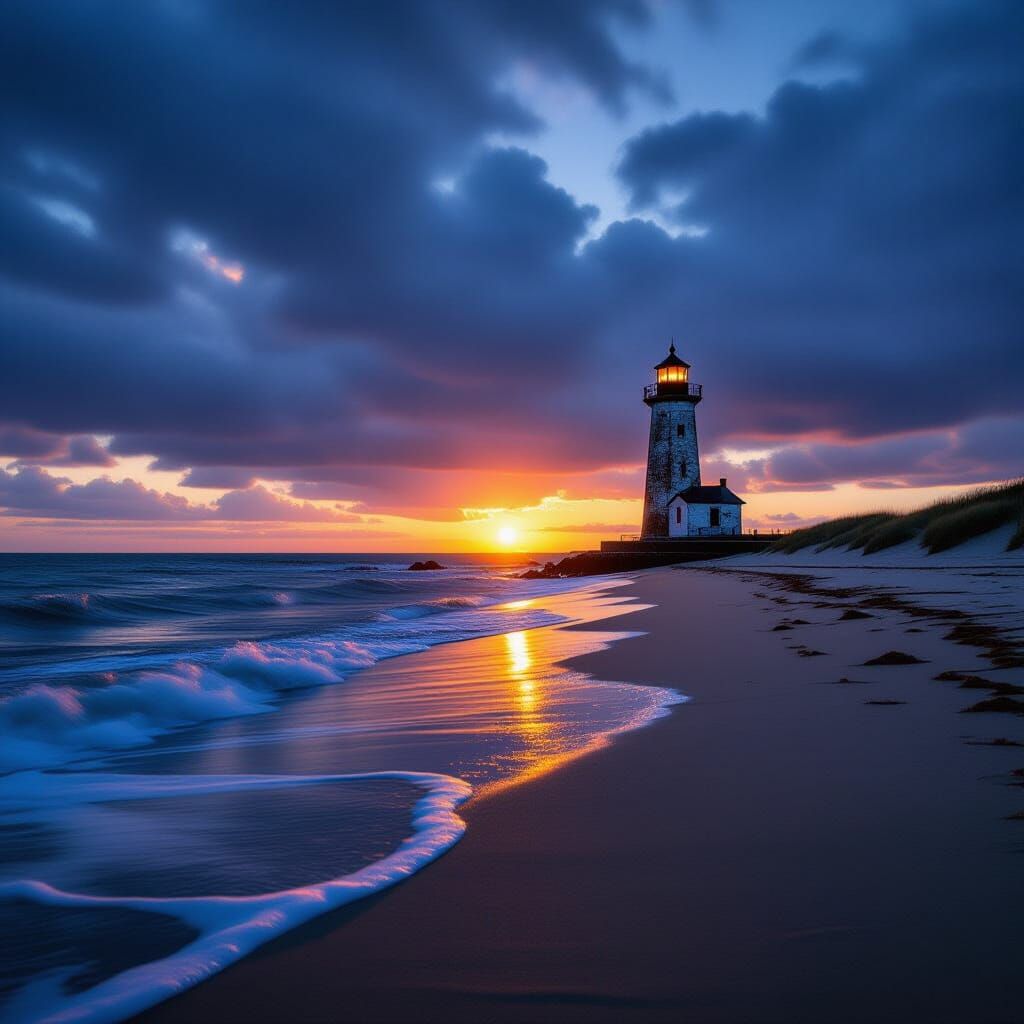Weathered Lighthouse on Desolate Beach at Sunset