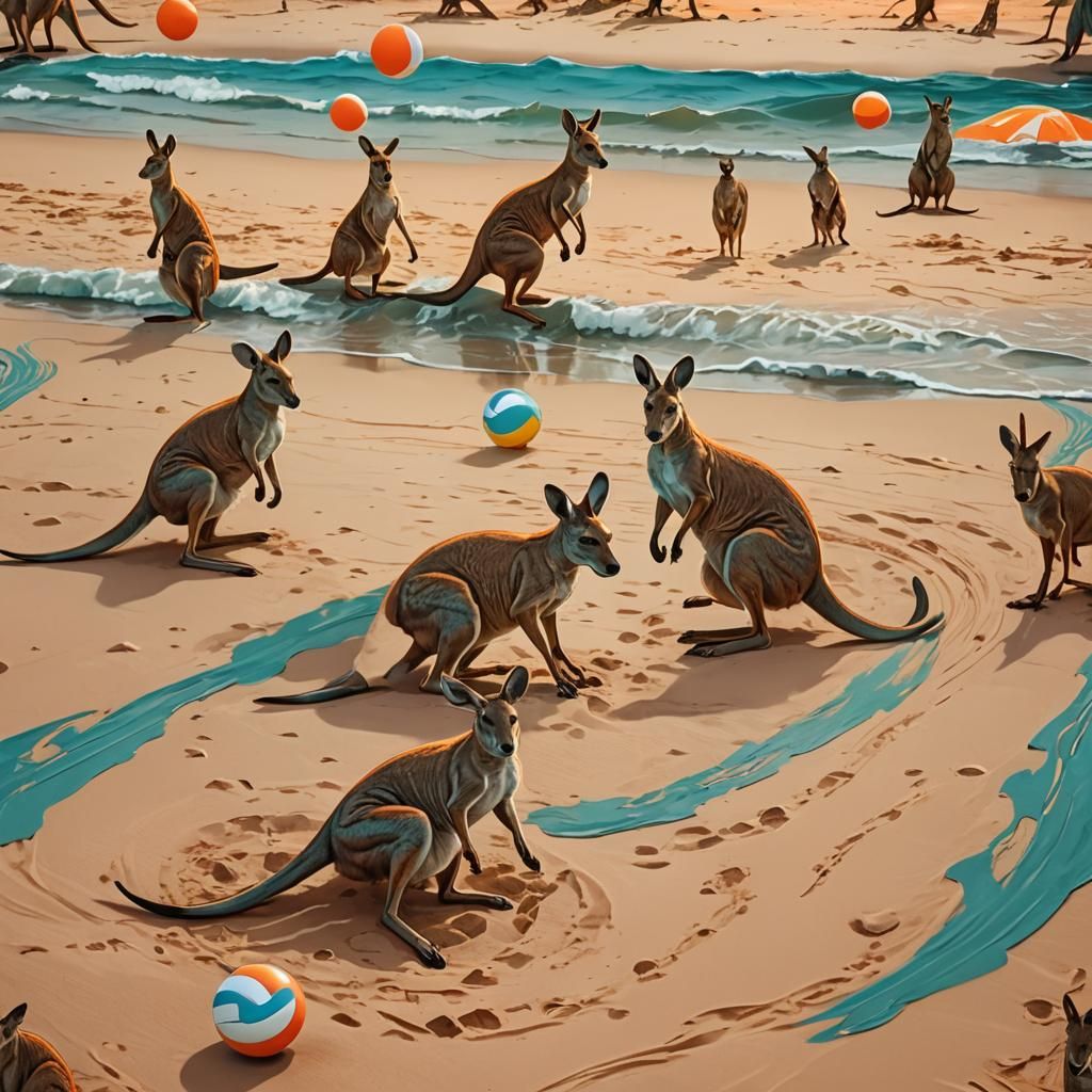 Kangaroos Play Volleyball: Vibrant Digital Art