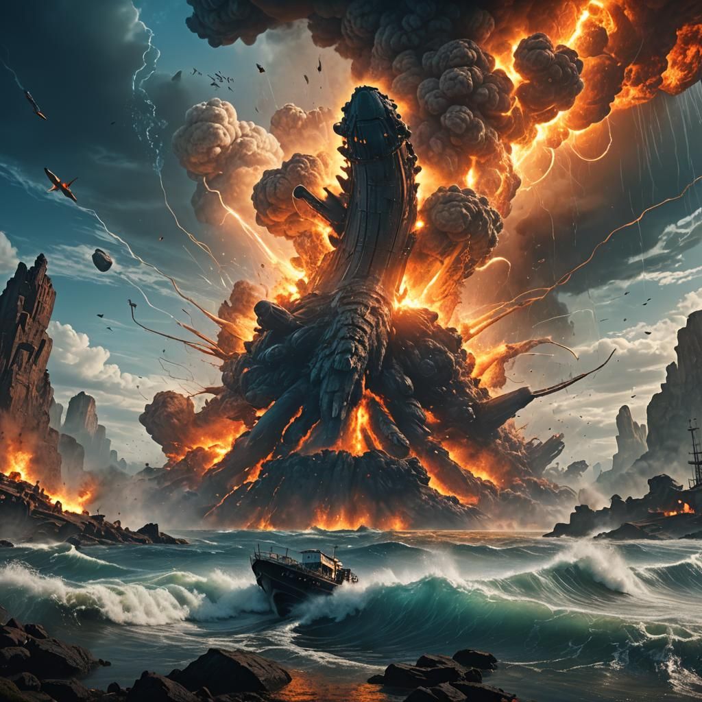 Leviathan's Apocalyptic Demise in Fiery Seascape