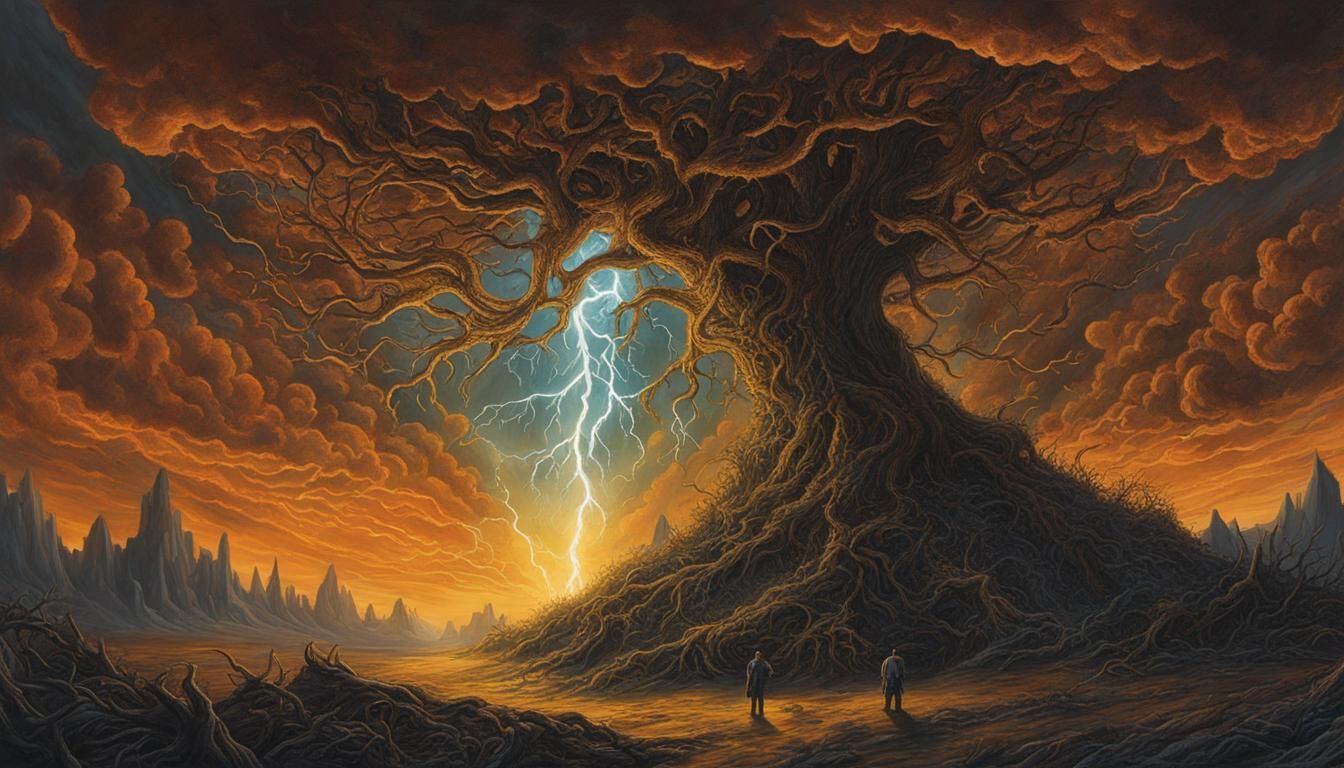 Eldritch Landscape with Dendritic Tree in Gouache Style
