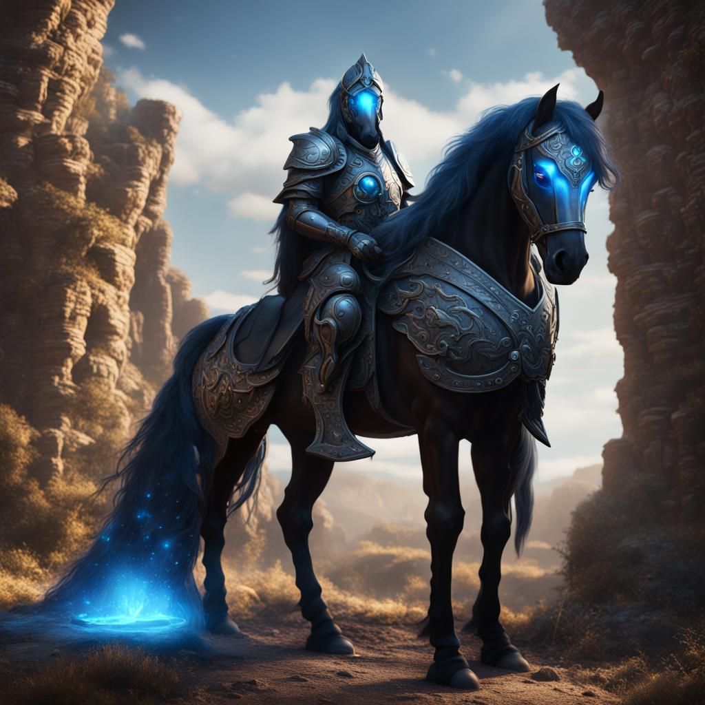 Blue Gem Armored Black Horse with Glowing Eyes