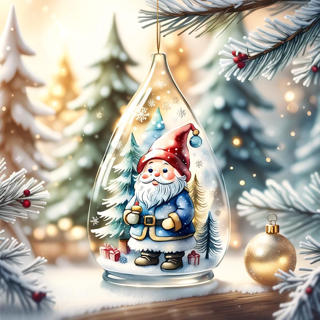 Ethereal Watercolor Scene with Glass Gnome and Fir Branches...