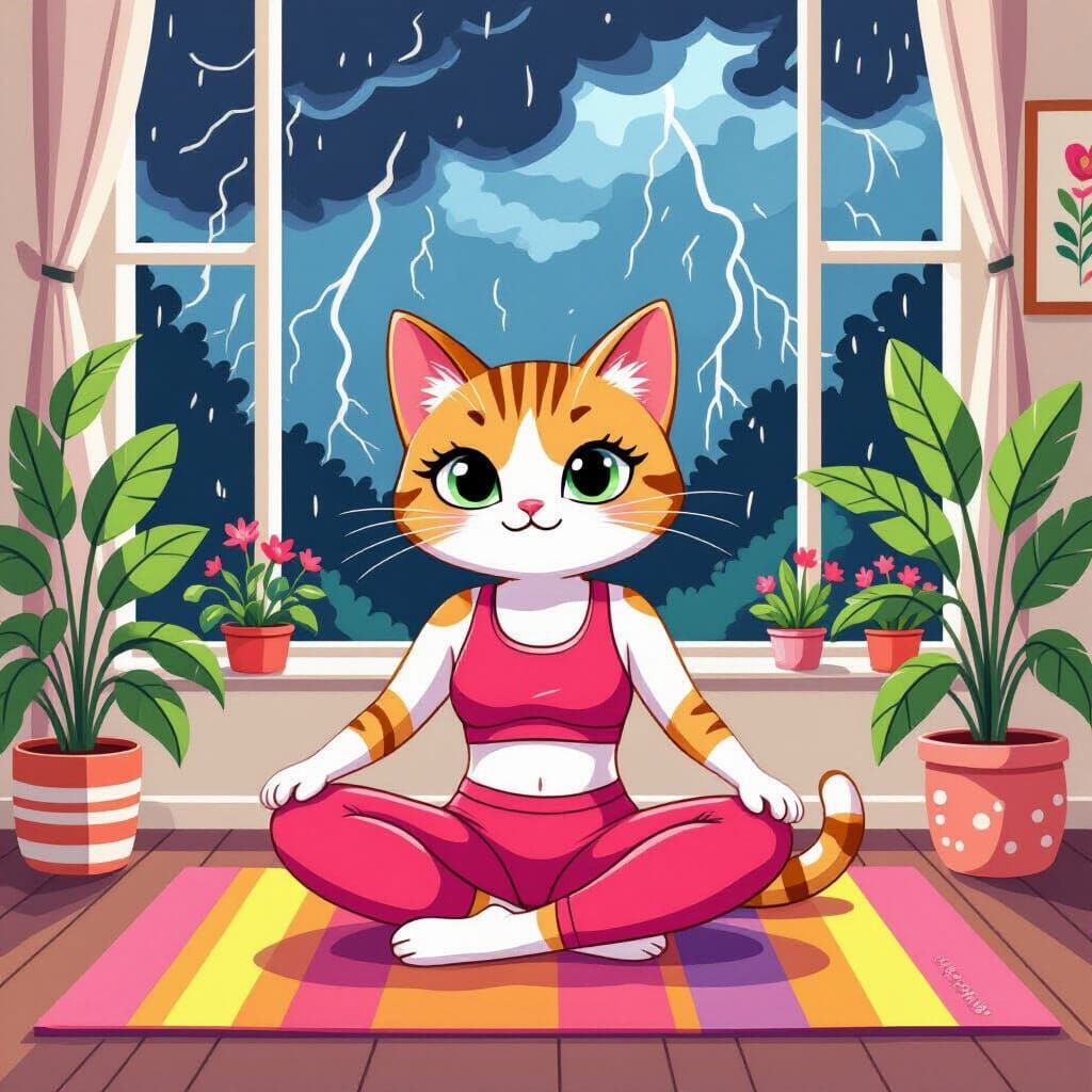 Sporty Cat Doing Pilates in Whimsical Style