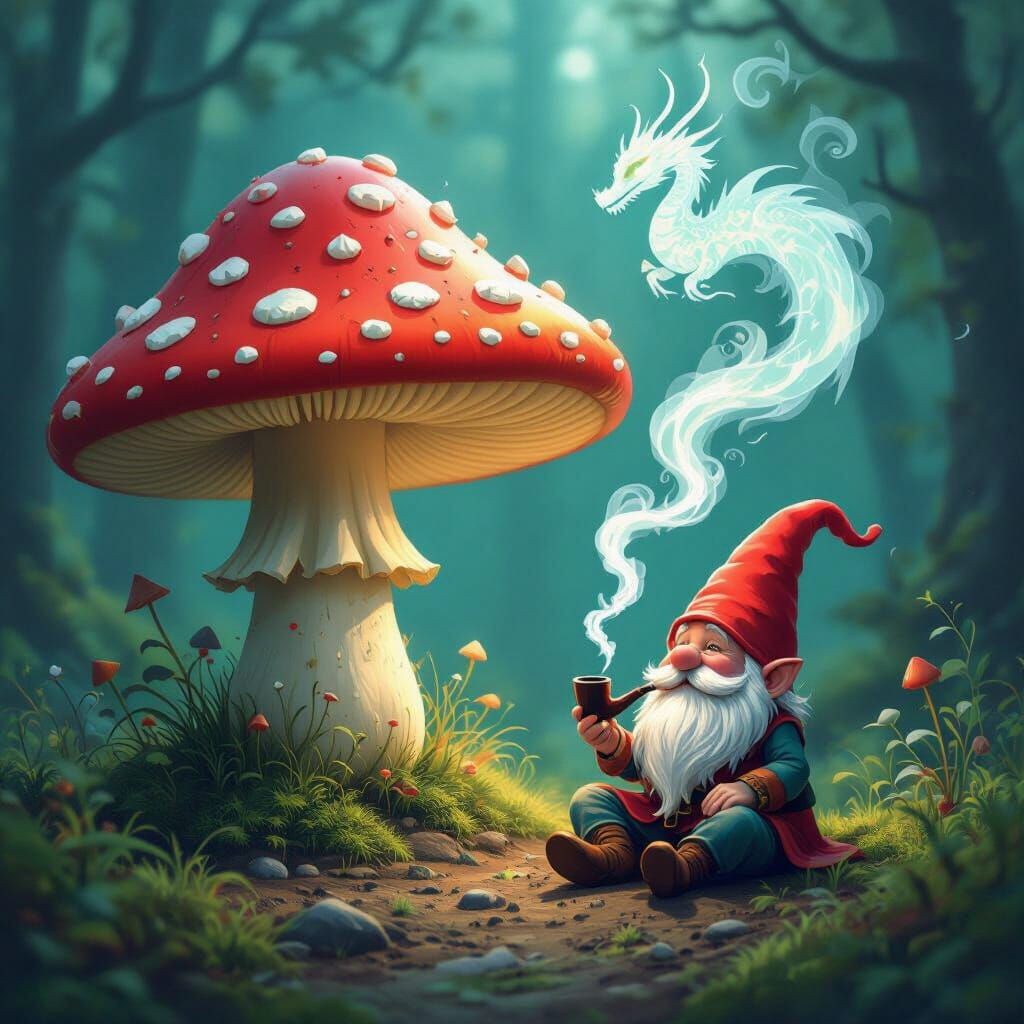 Psychedelic Mushroom with Gnome and Dragon Smoke