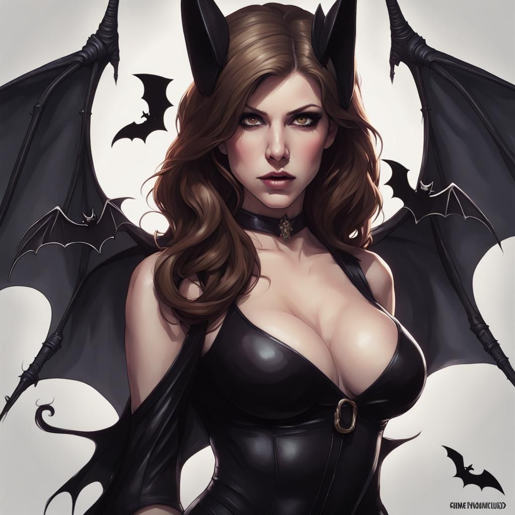 Gothic Anna Kendrick Portrait with Bat Wings
