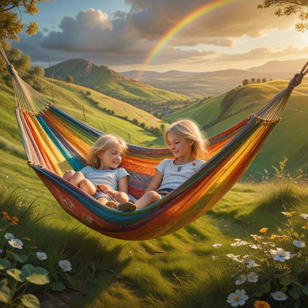 Children in Rainbow Hammock Oil Painting