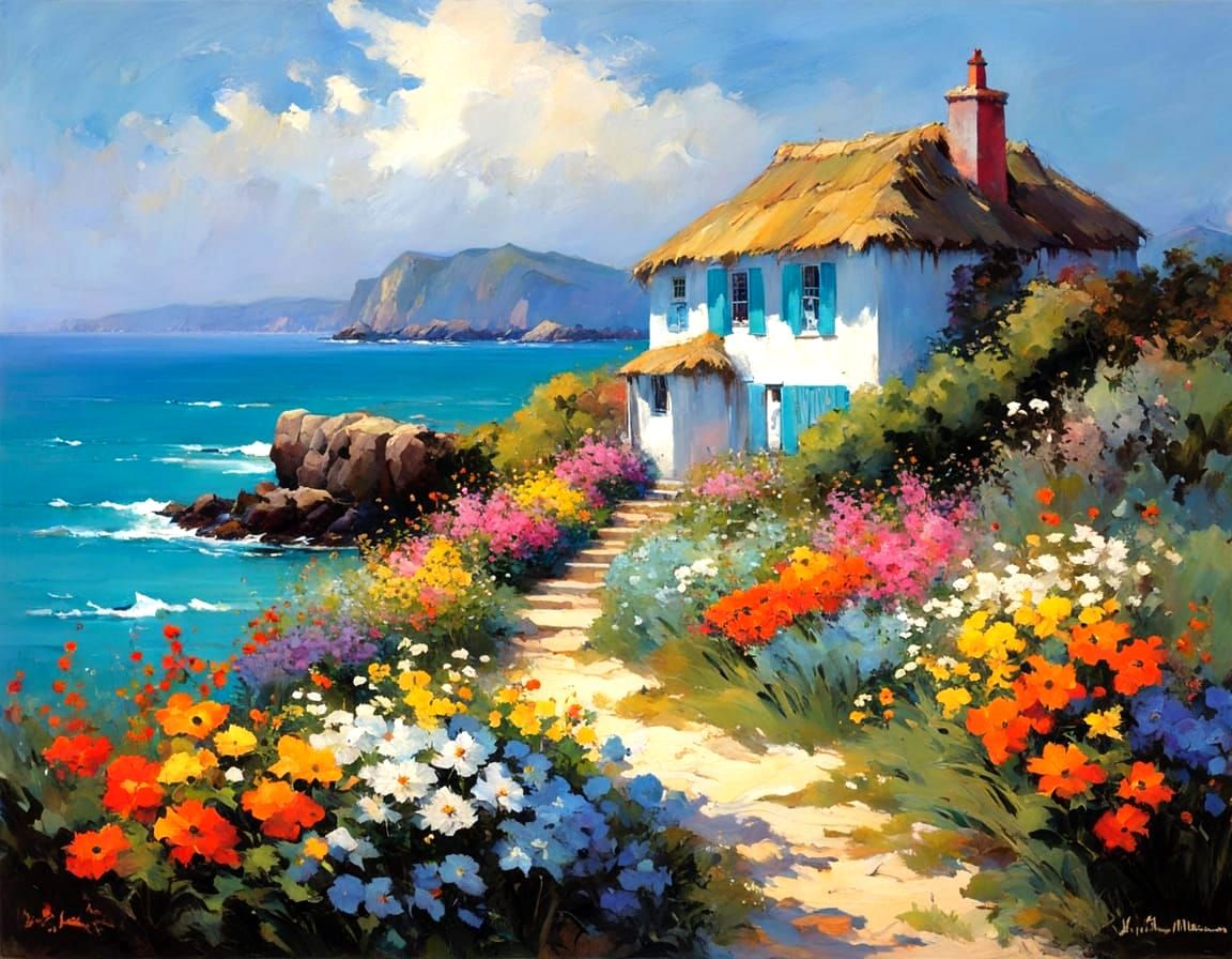 Bright Blue Seascape Cottage with Flowers Oil Painting