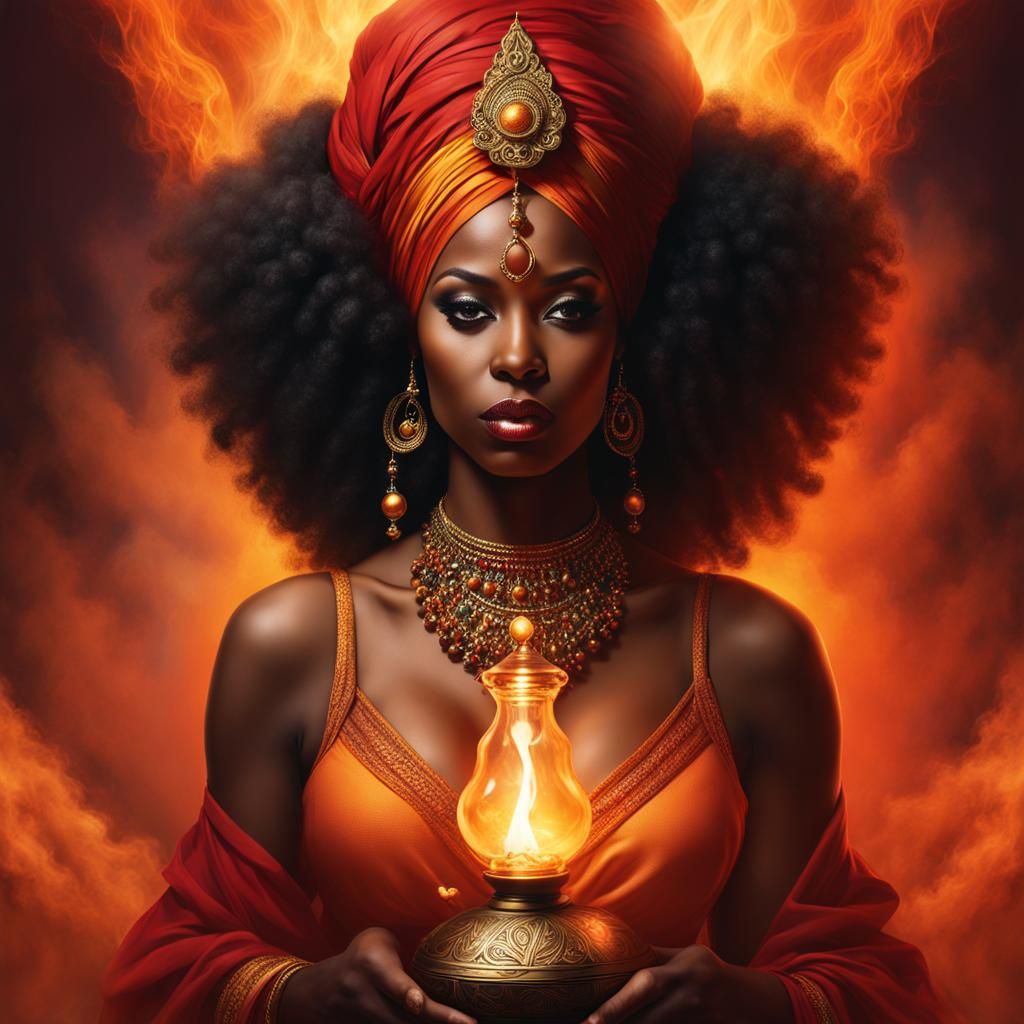 Black Female Genie Emerges from Lamp