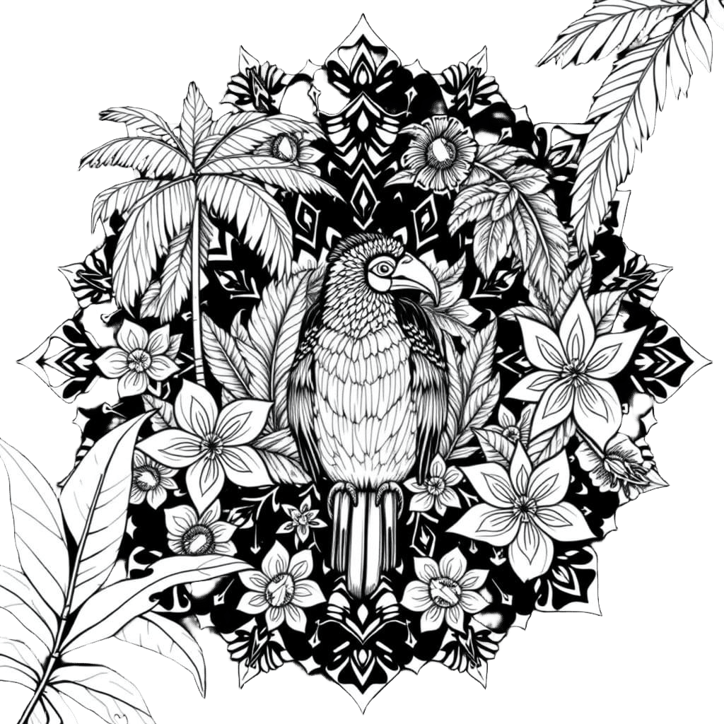 Exotic Tropical Mandala in Black and White Drawing Style