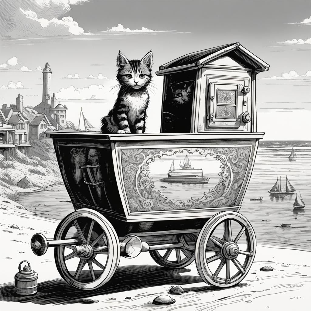 Tabby Kitten in Victorian Bathing Suit, Tenniel Style