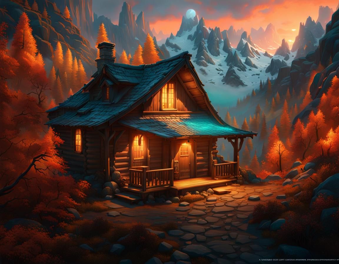 Woodcutter's Cabin in Majestic Fantasy Mountains