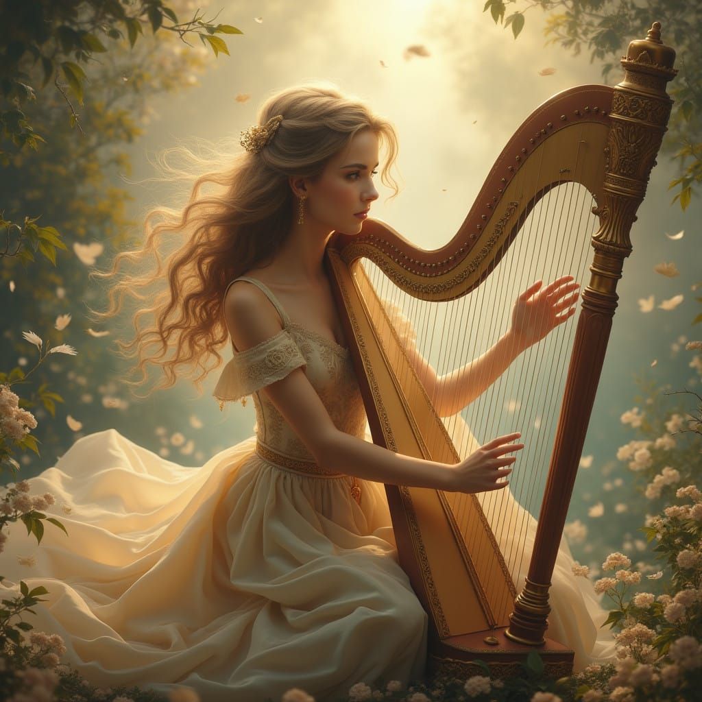 Enchanting Harpist in Dreamlike Landscape
