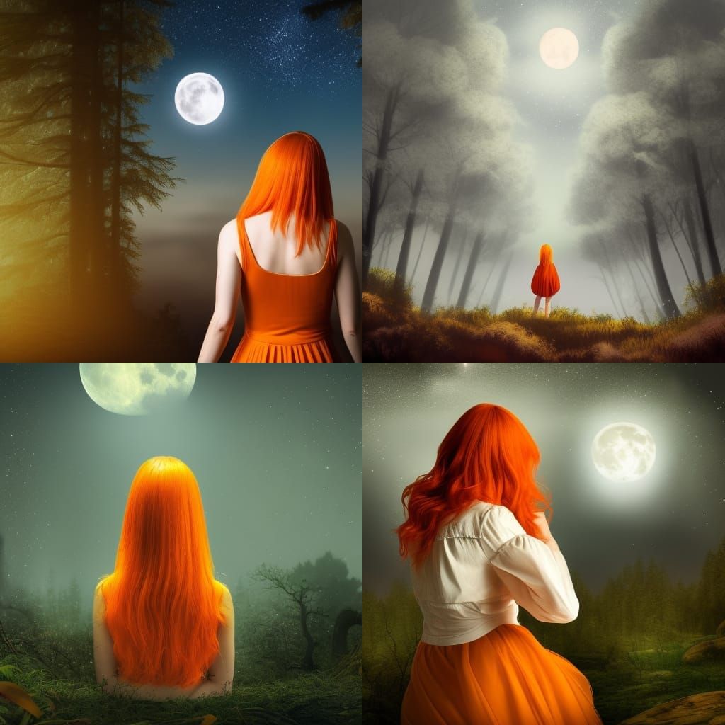 Red-Haired Woman Gazing at Moonlit Sky