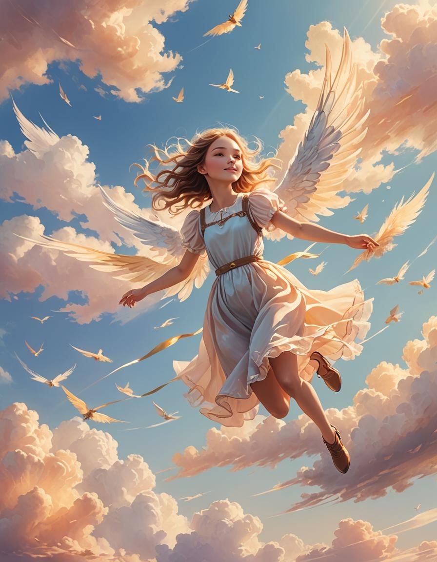 Girl Flying in Sky: Whimsical Pastel Illustration