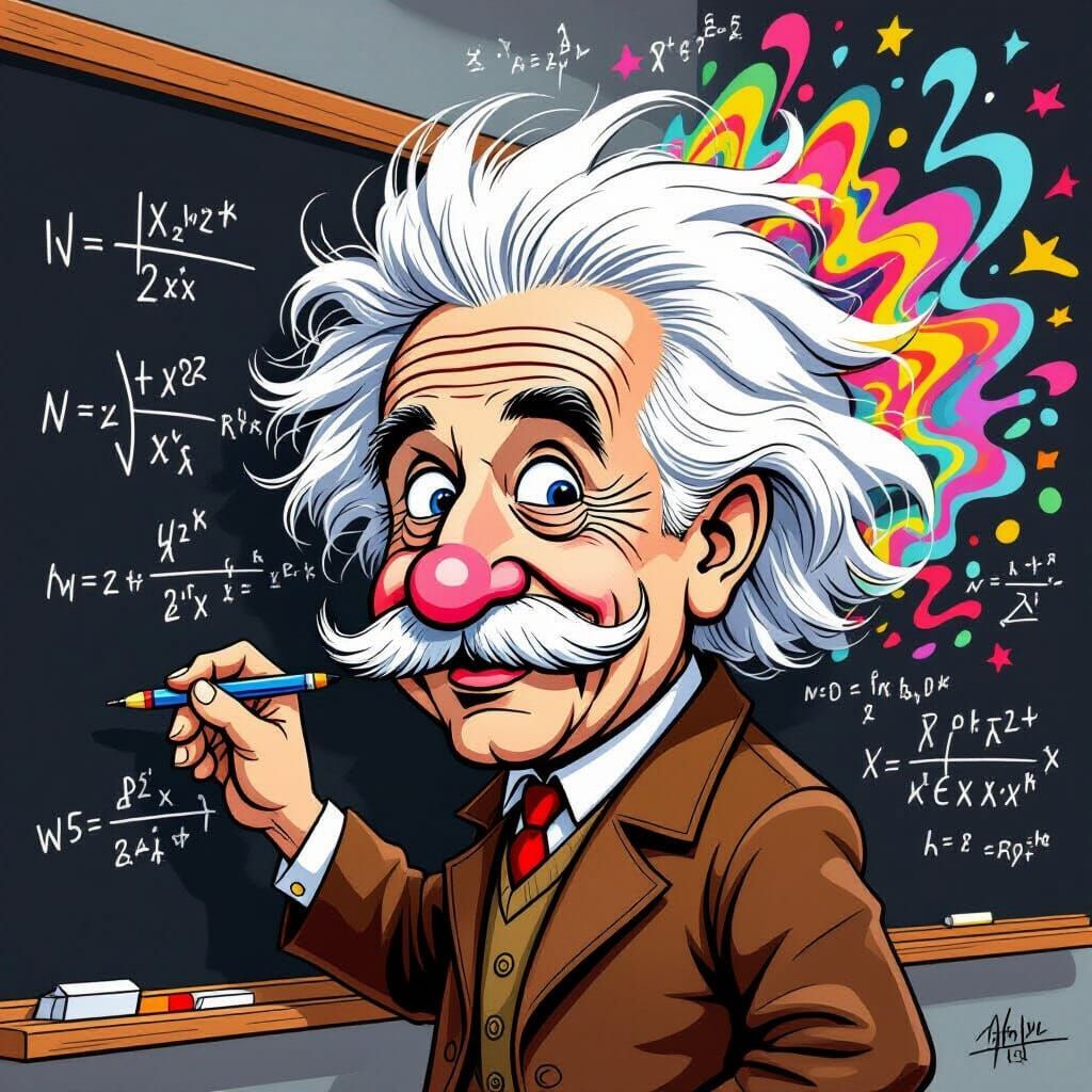 Exaggerated Albert Einstein Caricature with Wild Hair and Mu...