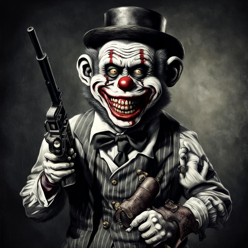 Zombie Monkey Clown Bank Robber with Tommy Gun