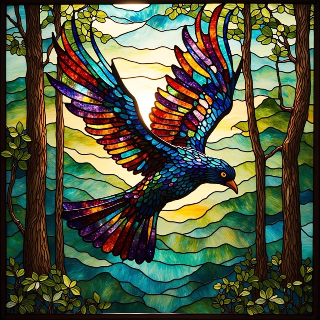 Stained Glass Bird Soaring Through Forest