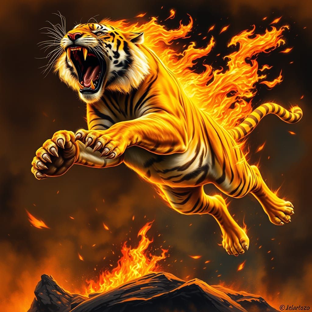 Tiger Leaping into Inferno with Roaring Fury
