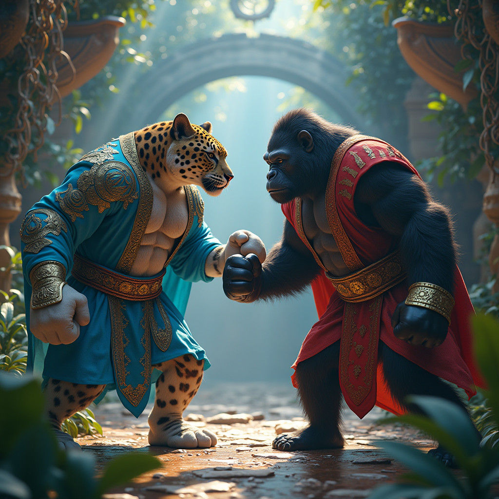 Jaguar vs Gorilla Boxing Match in Ancient Temple