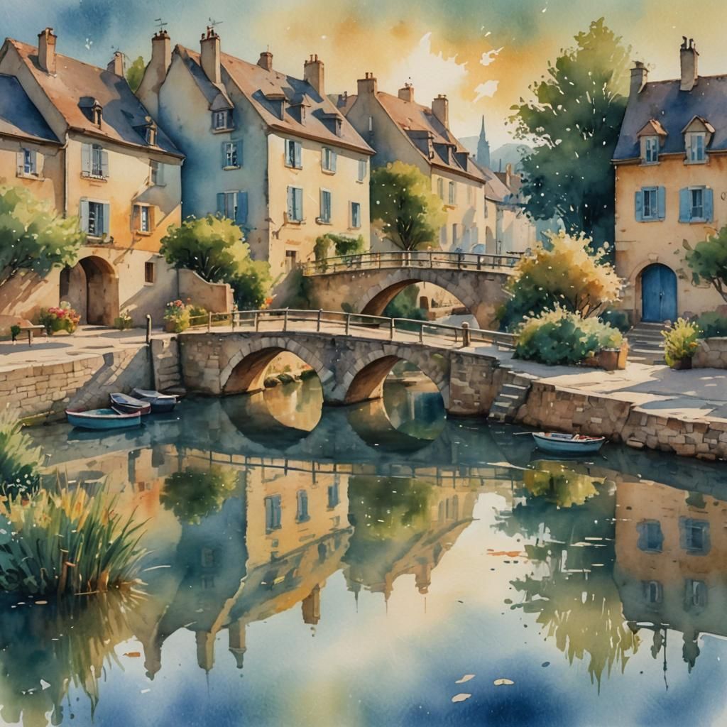 French Village on Waterfront in Watercolor Style