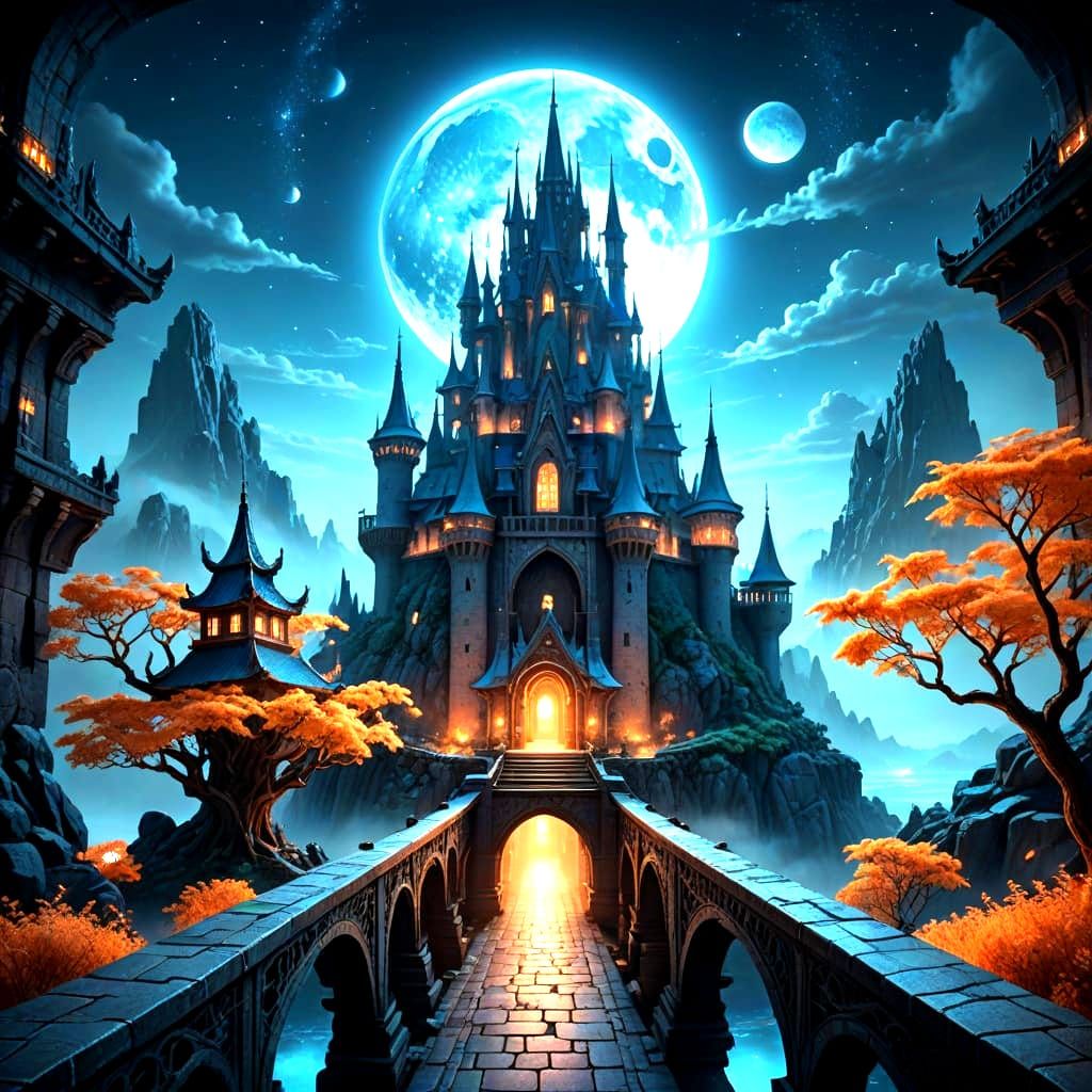 Majestic Fantasy Castle City at Night in Gothic Style