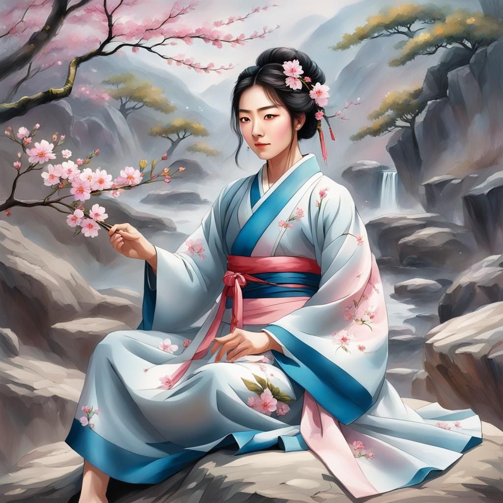 A sakura, a Korean in a beautiful Joseon era clothing, sitti...