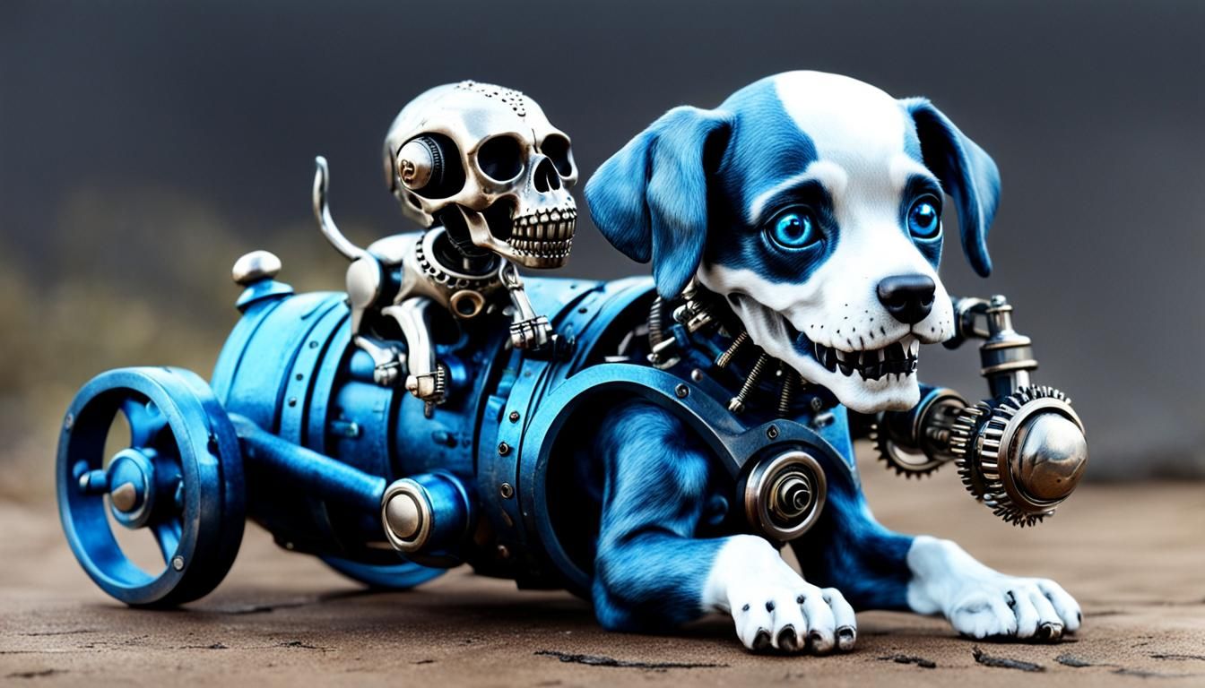 Steampunk Puppy Plays With Skull