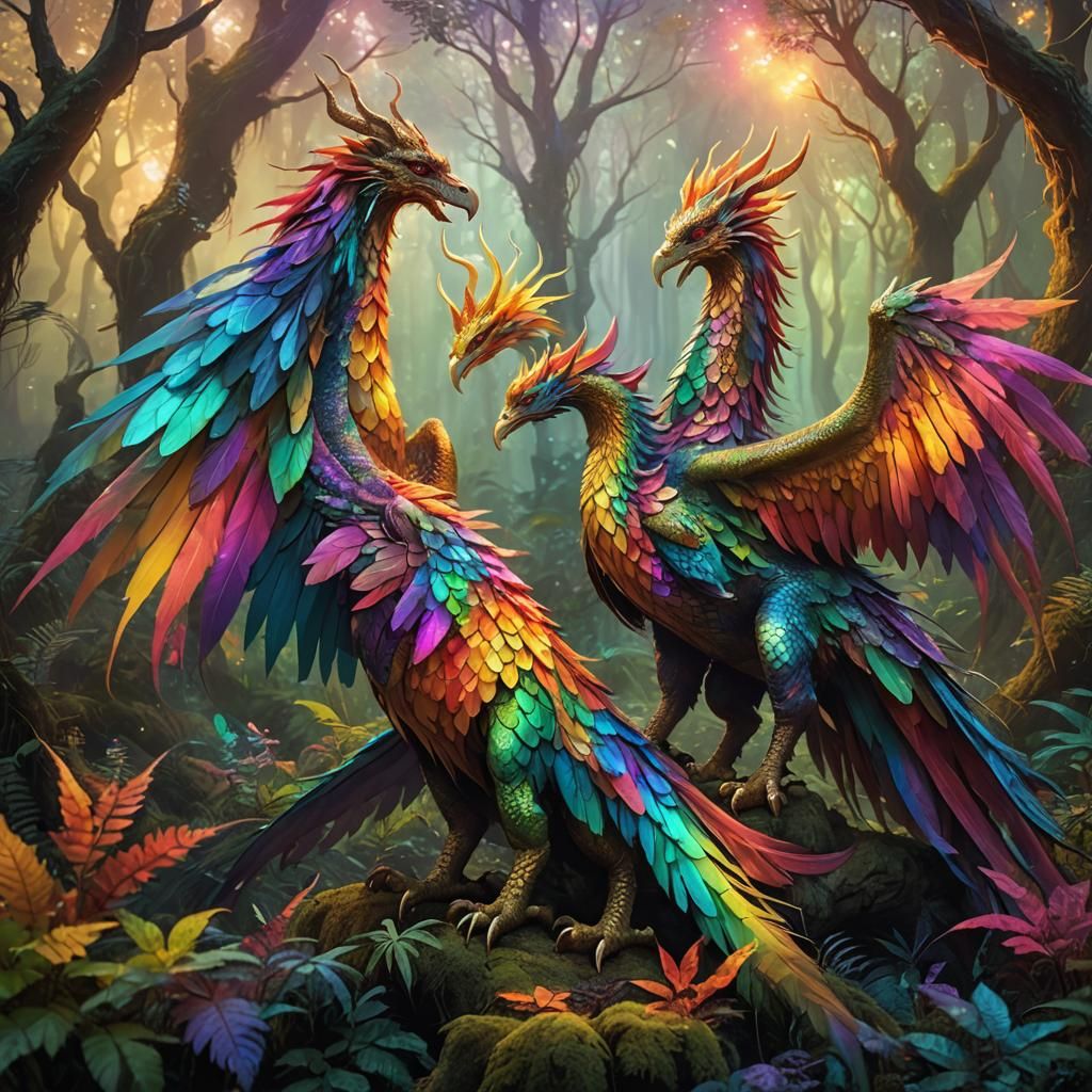 Dragon and Phoenix in Mystical Forest: Digital Art