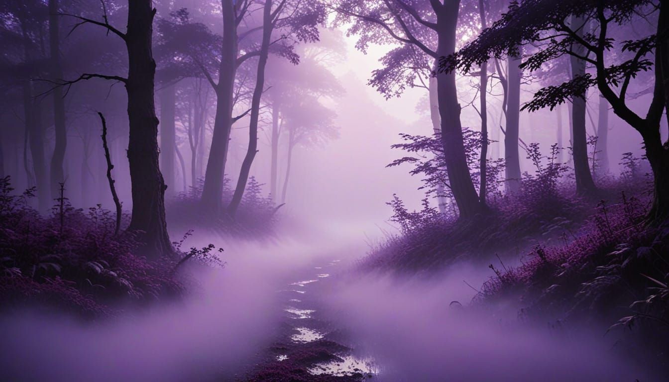 Mysterious Purple Forest in a Thick Fog