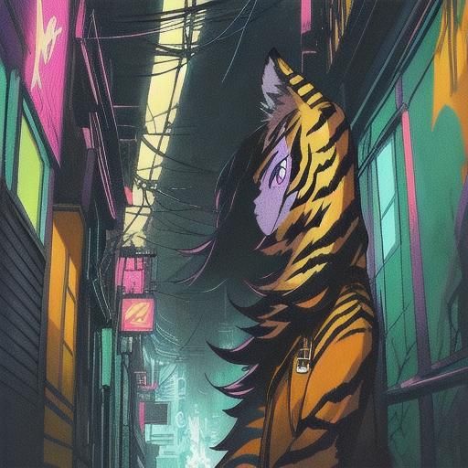 Baby Tiger Punk in Neon Alleyway, Manga Style