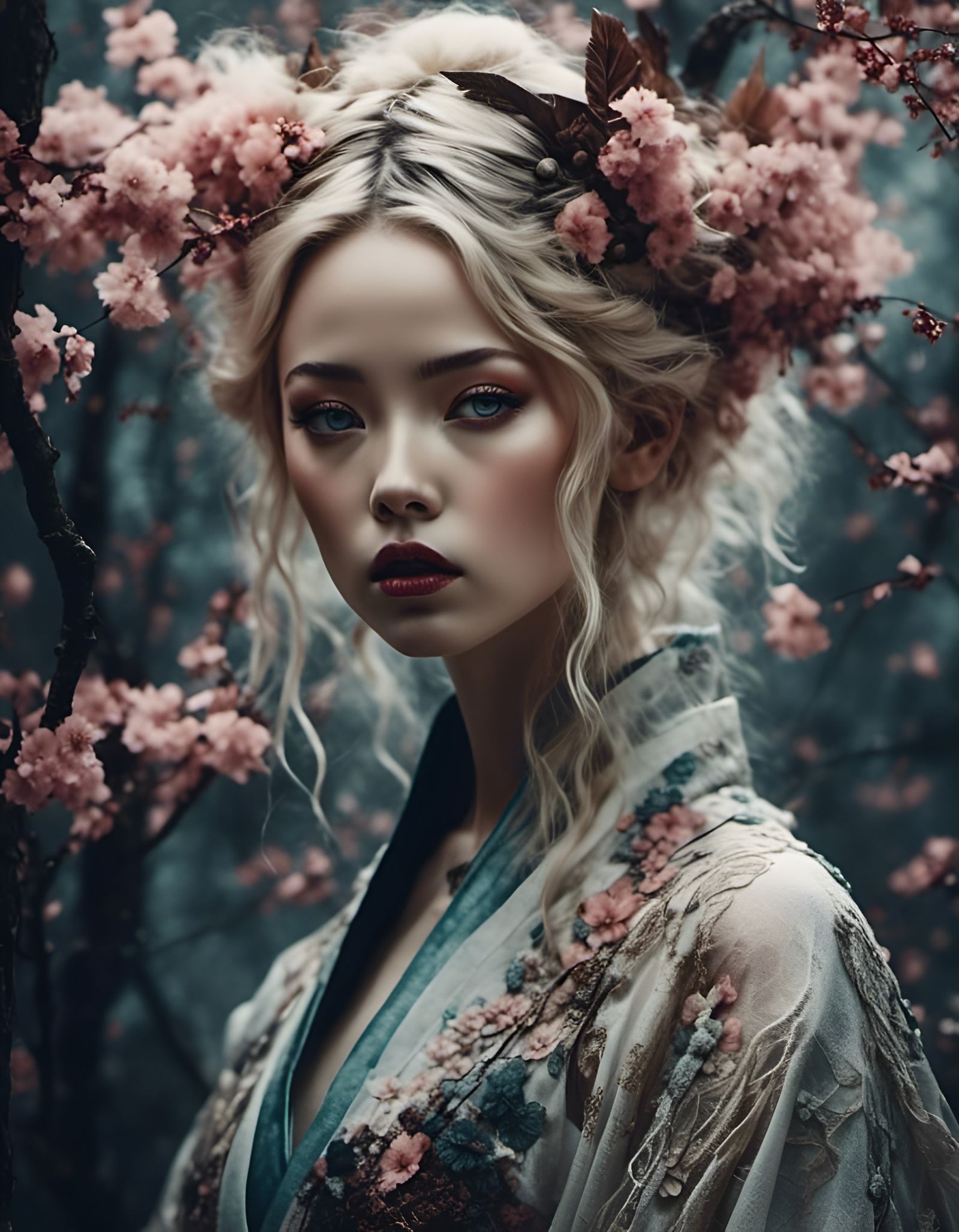 Blonde in Kimono: Hyperreal Pastel Photo in Dark Forest
