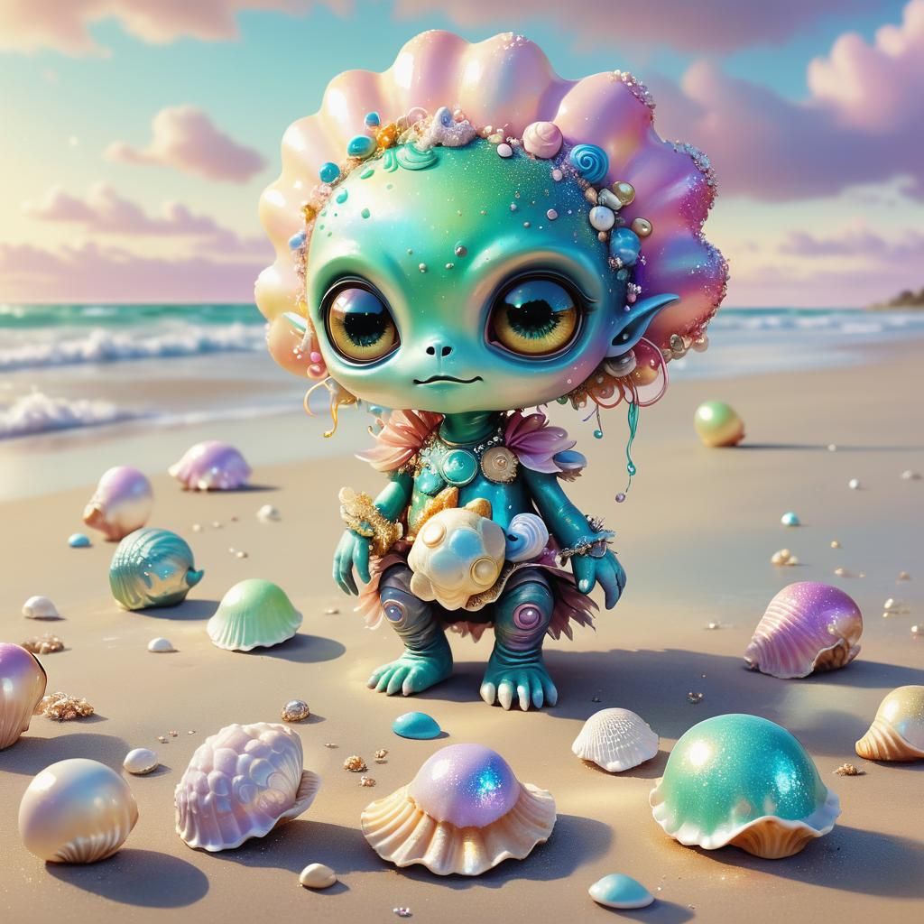 Cutepunk Alien Playing on a Sunny Beach