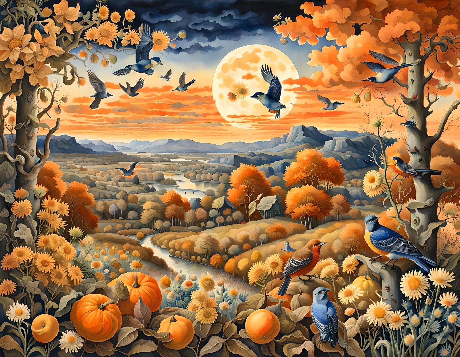 Vintage Autumn Scene with Moon in Watercolor Style