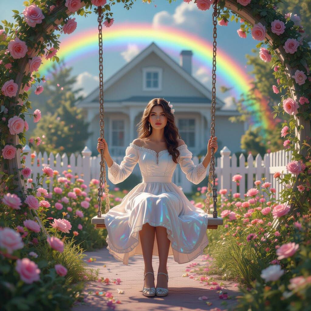 Woman on Nostalgic Swing Under Rainbow, 3D Render