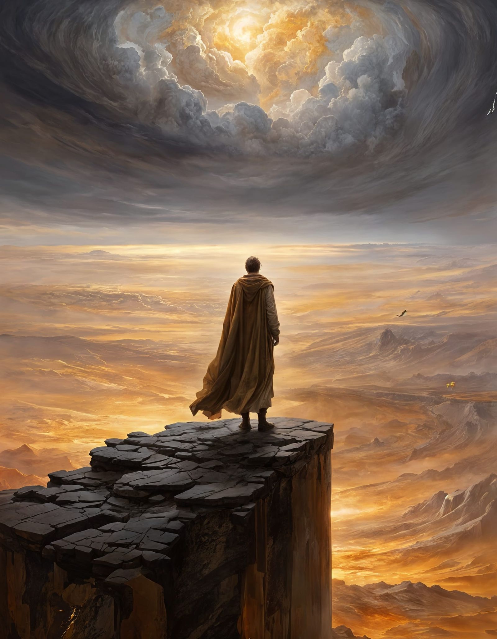 Lone Figure in a Golden Desert Landscape