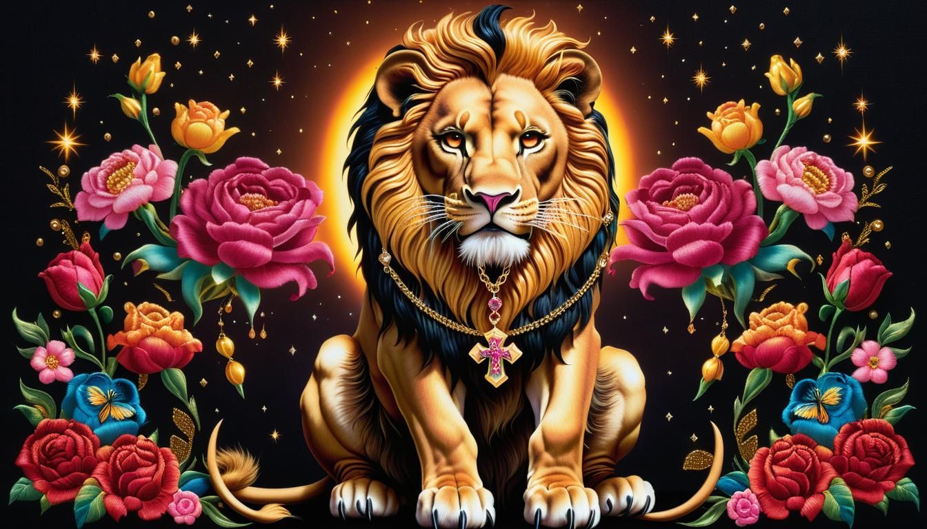 A muscular crying lion meme made of dark fabric wearing high...