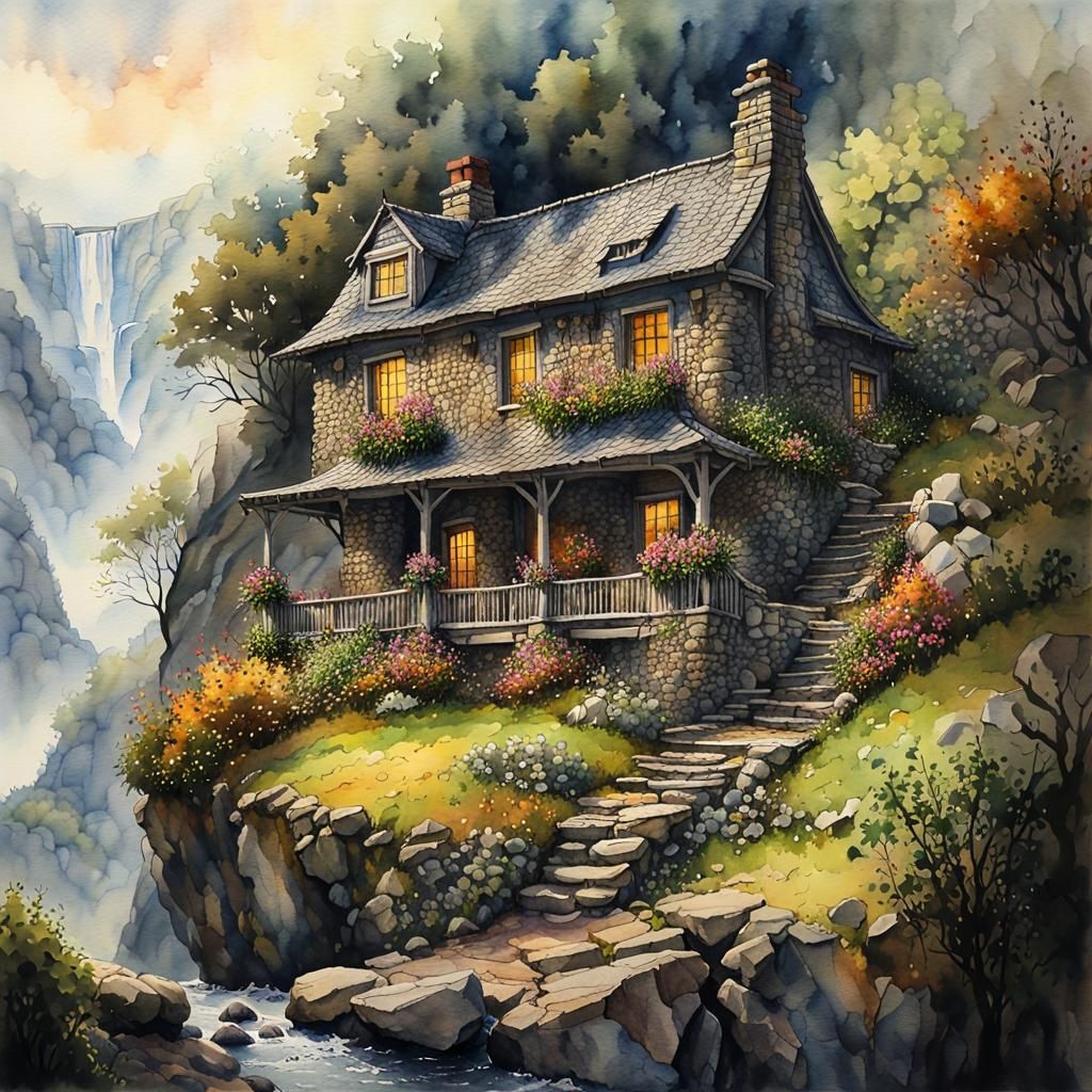 Cottage Overlooking Ravine in Hyperdetailed Watercolor and I...
