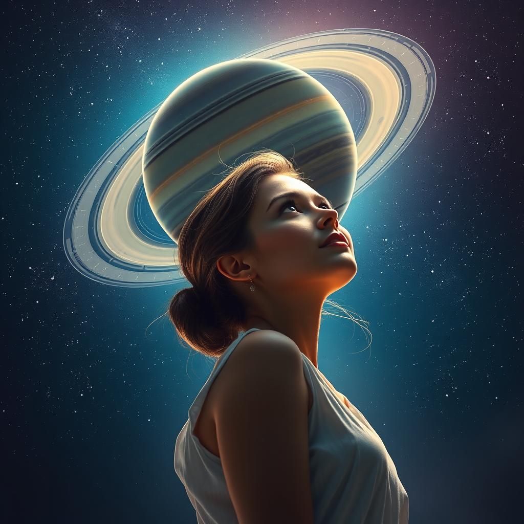 Hyperrealistic Woman Gazing at Saturn in Space