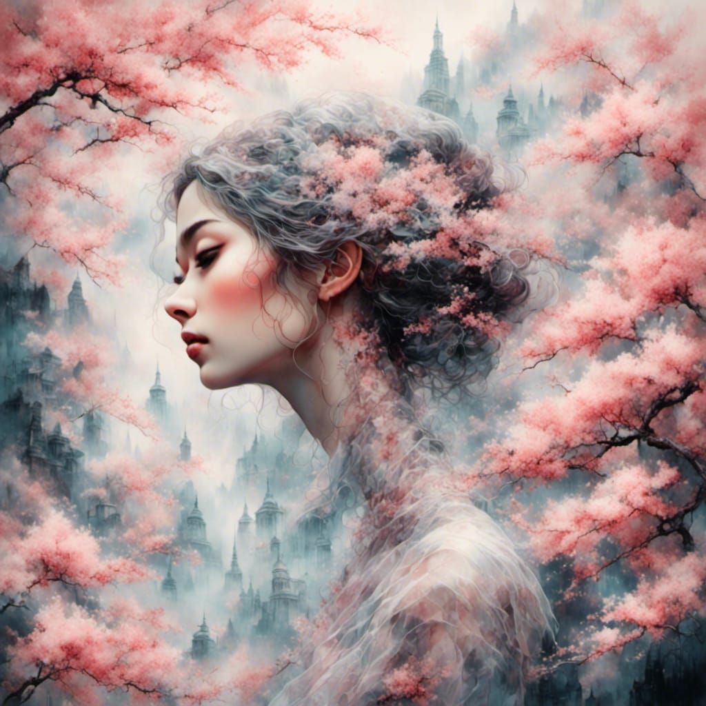 Woman and Cherry Blossoms in Hyperrealistic Style