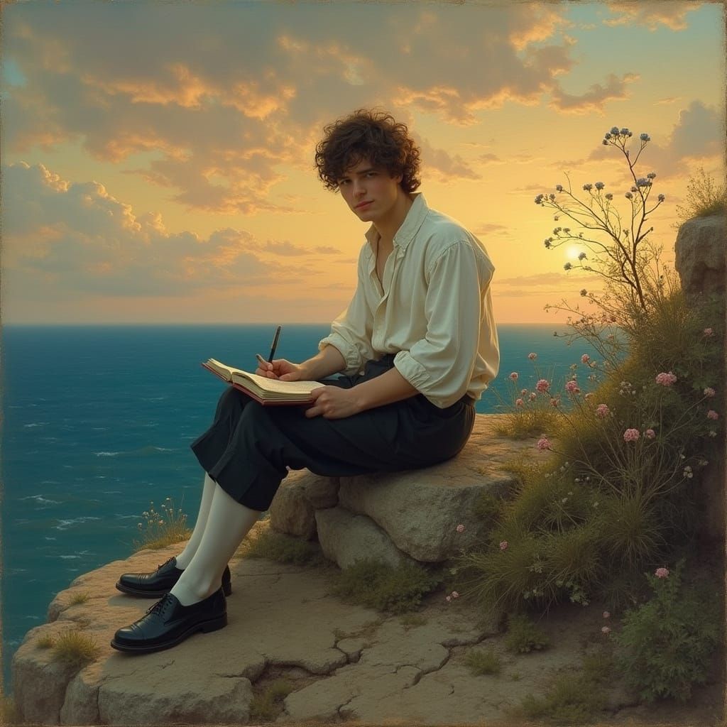 Lord Byron Inspired by Aegean Sunset, Romanticism Style