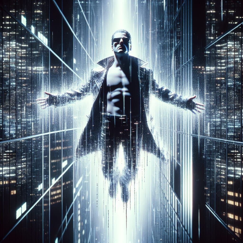 Cyberpunk Silhouette Falling in Matrix Rain