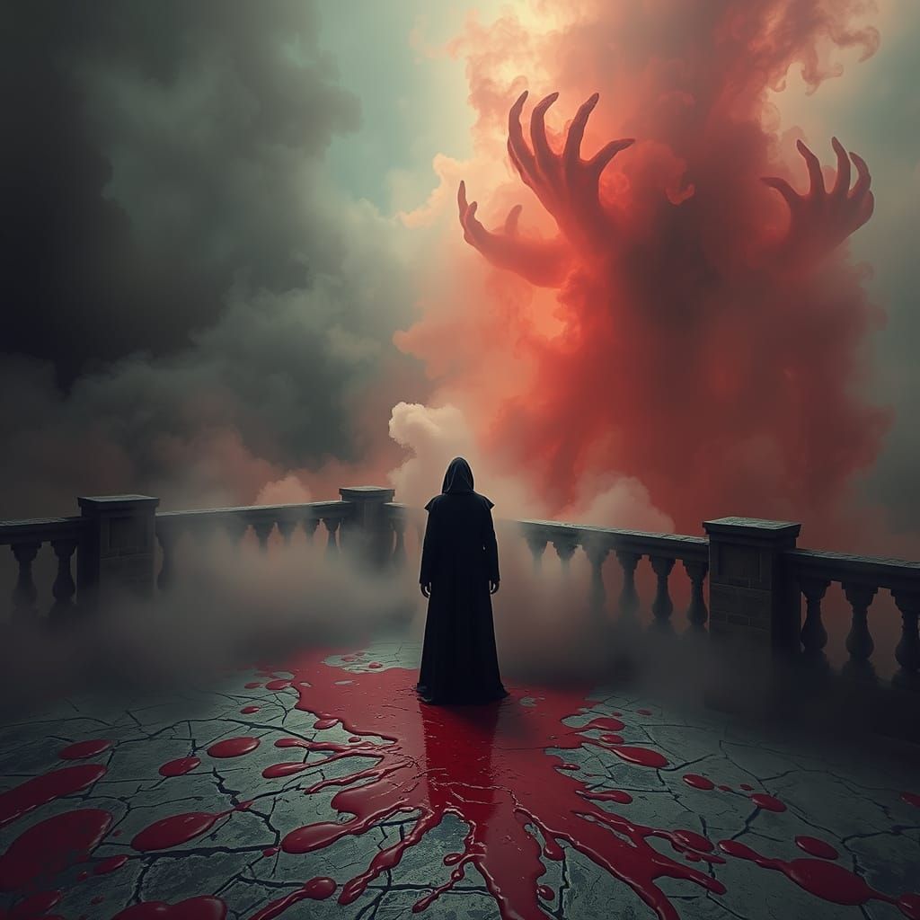 Eerie Figure on Terrace in Haunting Surreal Style