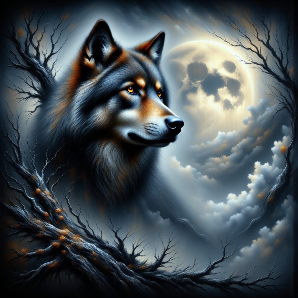 Moonlit Wolf in Dark Surrealism Style