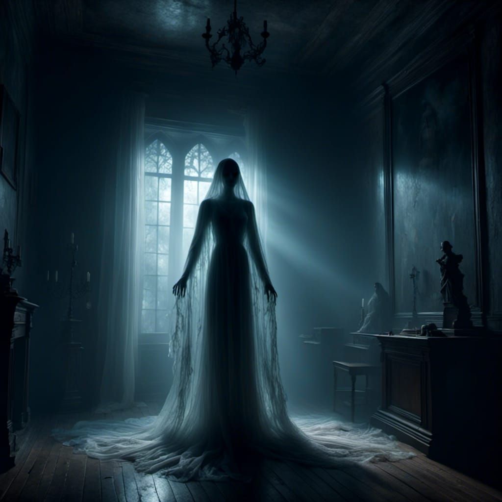 Ethereal Ghost Bride in Dark Room