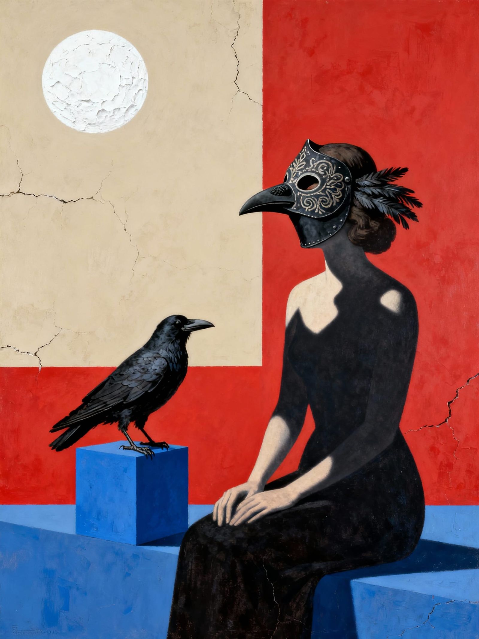 Surreal Crow Mask Woman in Geometric Abstract Style