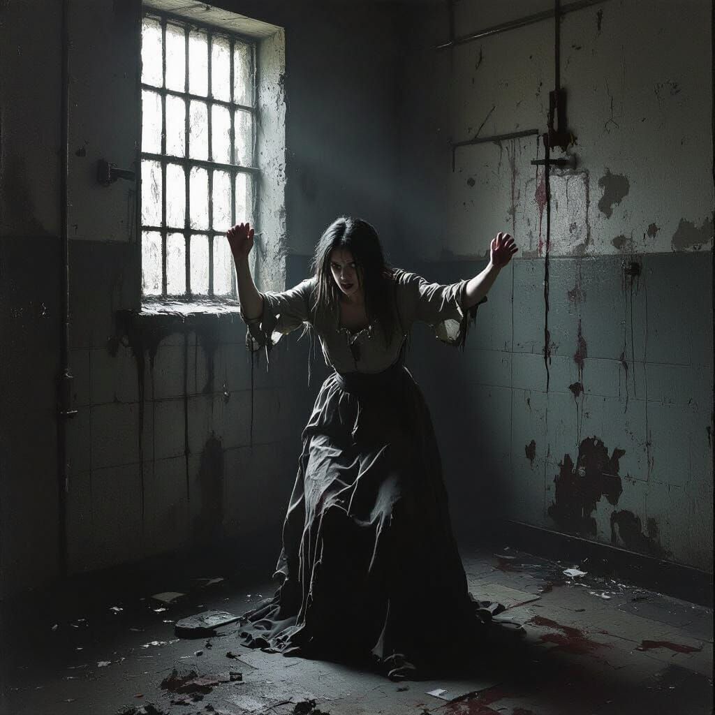 Distressed Woman in Asylum Cell: Gothic Horror Art
