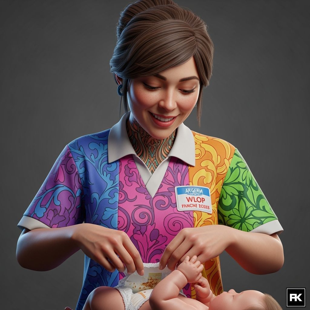 Caretaker Changing Diaper in Fantastical Realism Style