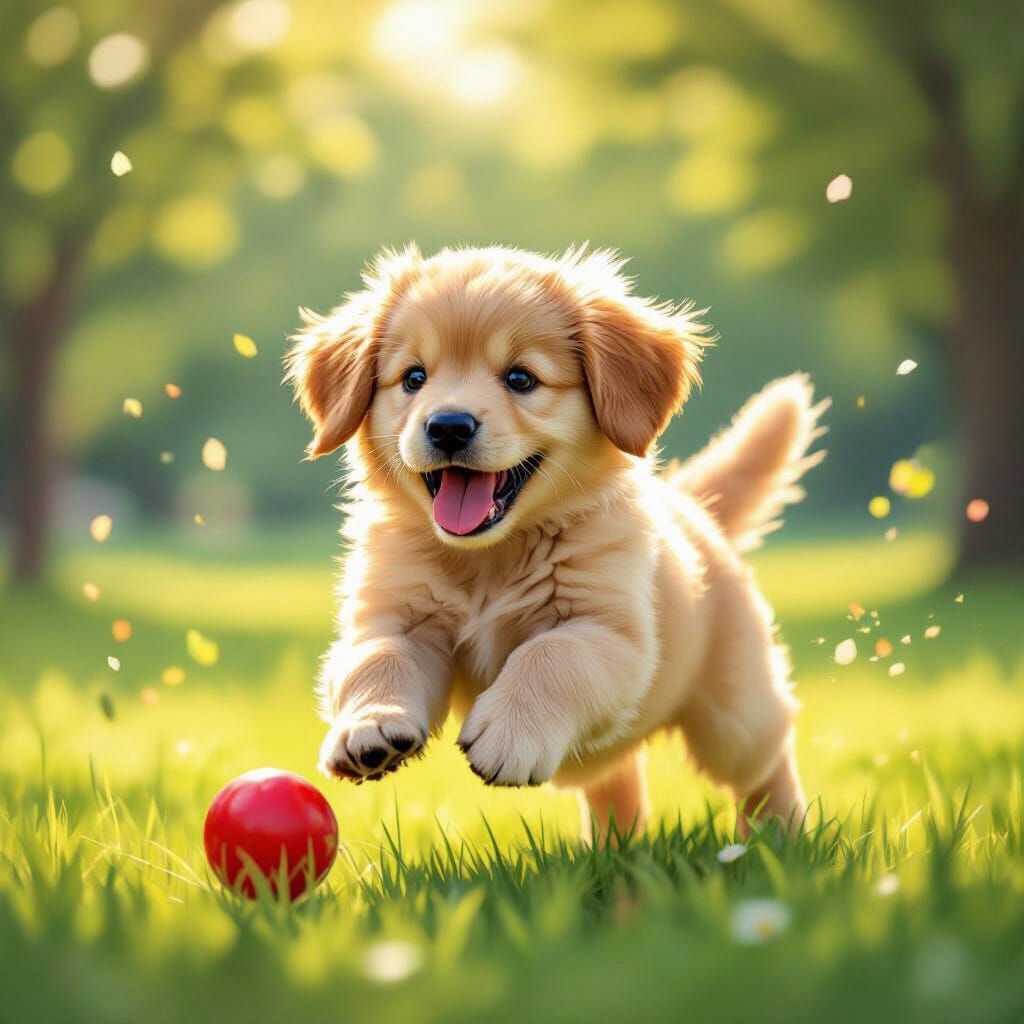 Golden Retriever Puppy Plays with Red Ball in Sunny Park