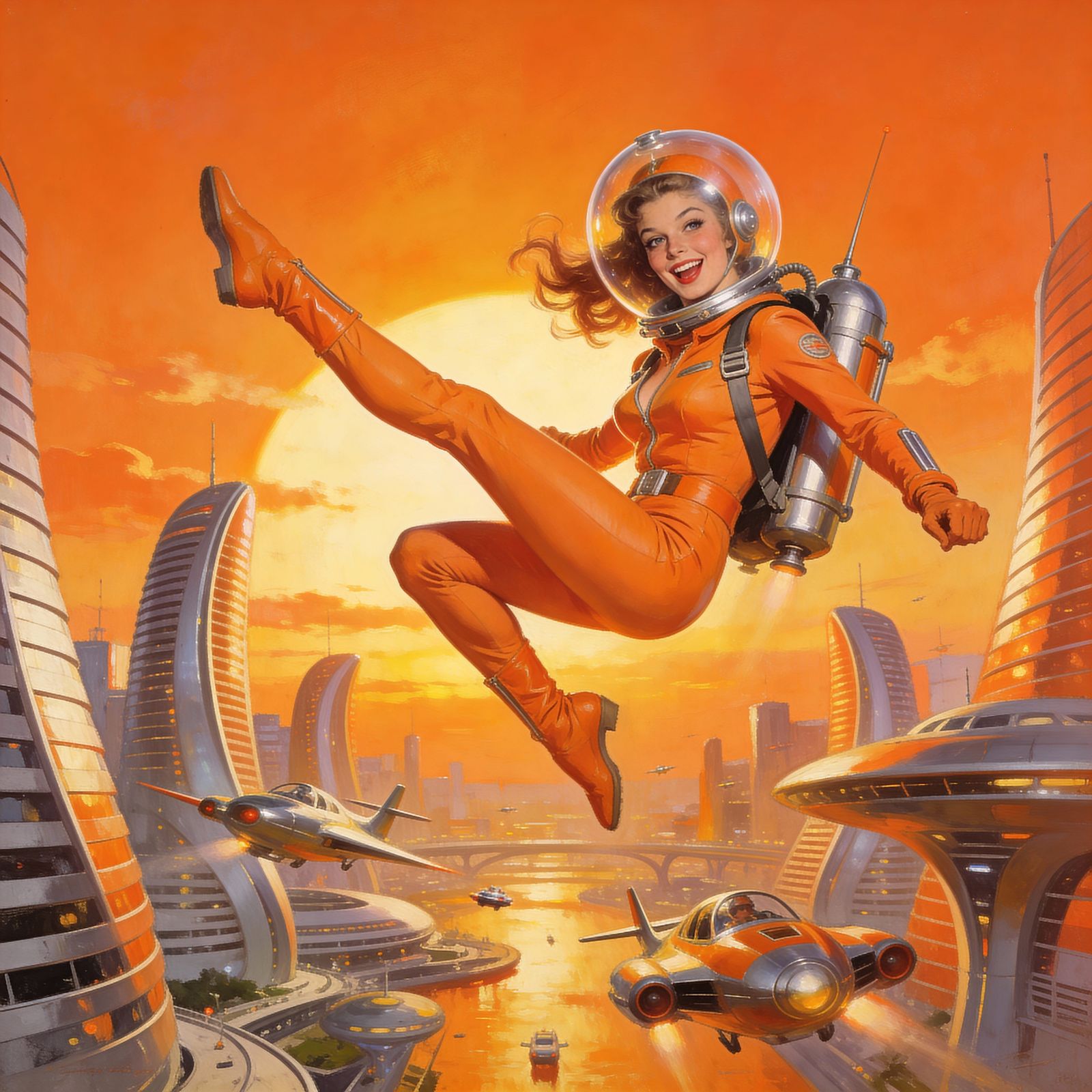 Retro Futuristic Rocket Girl in Utopian Cityscape at Sunset