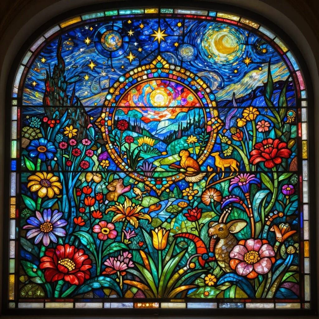 Stained Glass Garden of Eden with Mythical Creatures